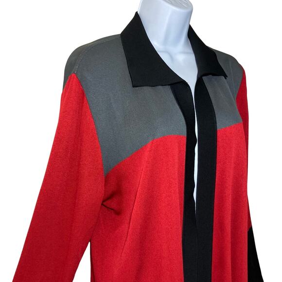 Exclusively Misook Medium Cardigan Jacket Red Gray Black Colorblock Open Front - Picture 12 of 16